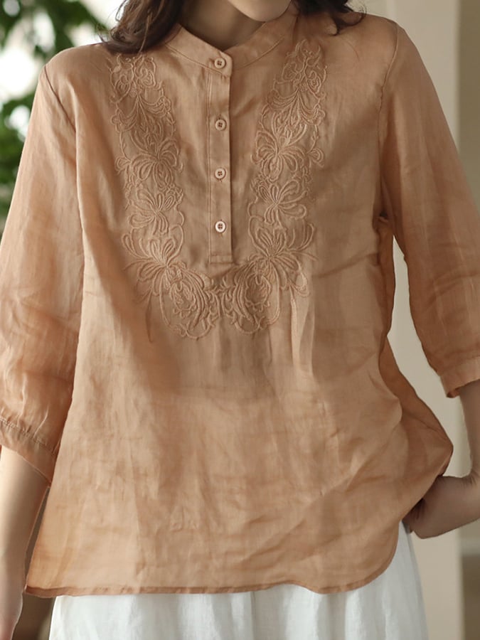 Women's Cotton Art Fashion Embroidery 3/4 Sleeve Half Button Shirt