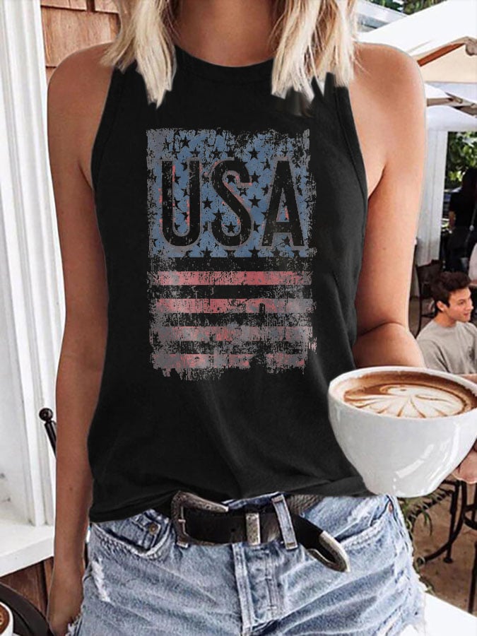 Retro Independence Day Flag USA Print Tank Top