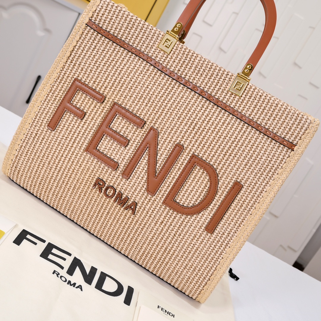 FENDI Sunshine Summer Straw Shopping Bag Caramel 9914