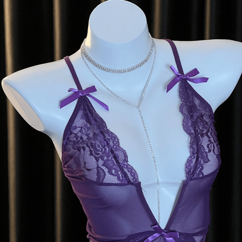 Deep V-neck Lace See-through Slip Lingerie Dress
