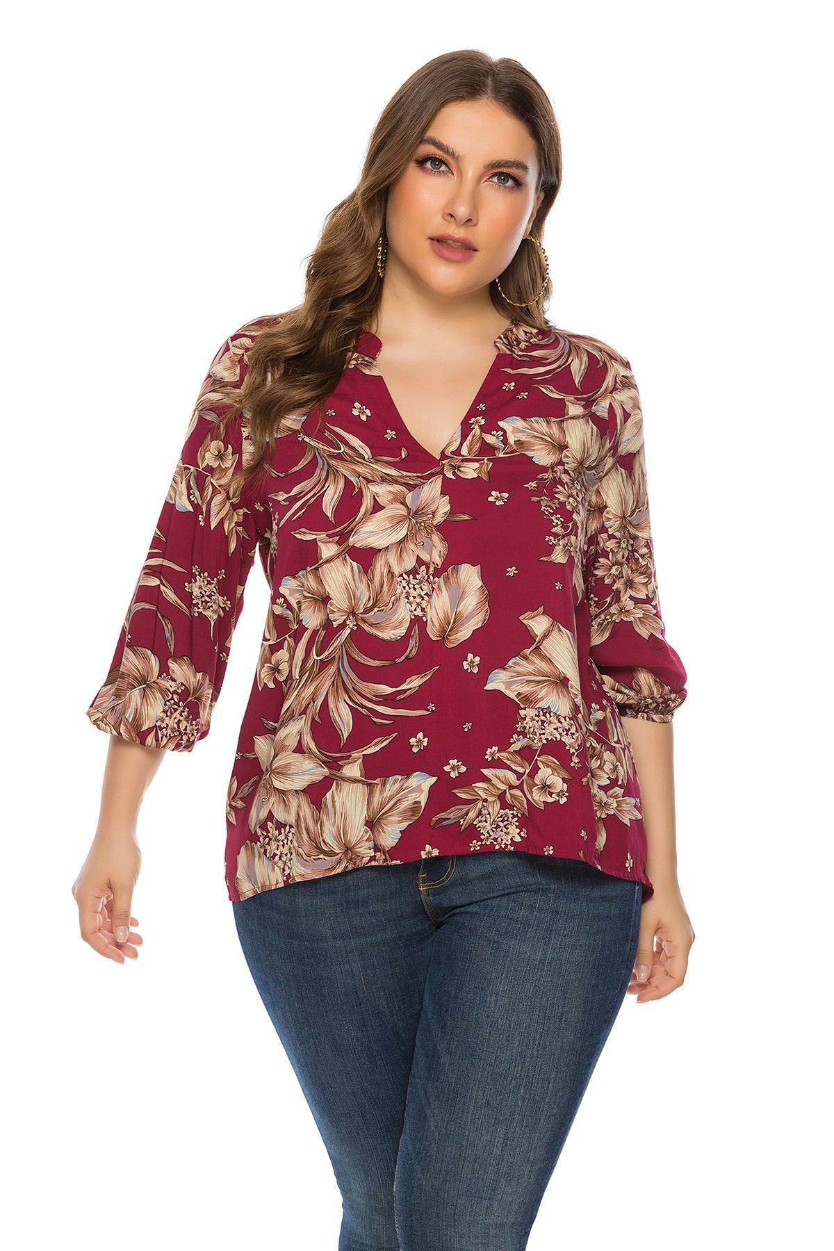 Plus Size Women Clothing Spring Autumn Long Sleeve V neck Printed Rayon Top