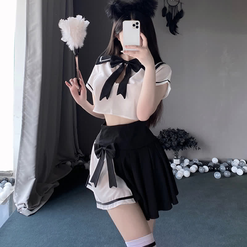 Hollow Out Bowknot JK Uniform Lingerie Stockings Set