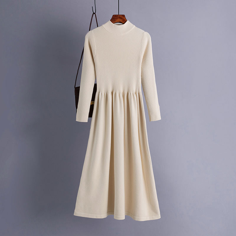 Autumn and winter half-high collar large pendulum long style knitted dress waist show thin long sleeve simple temperament sweater bottom skirt woman