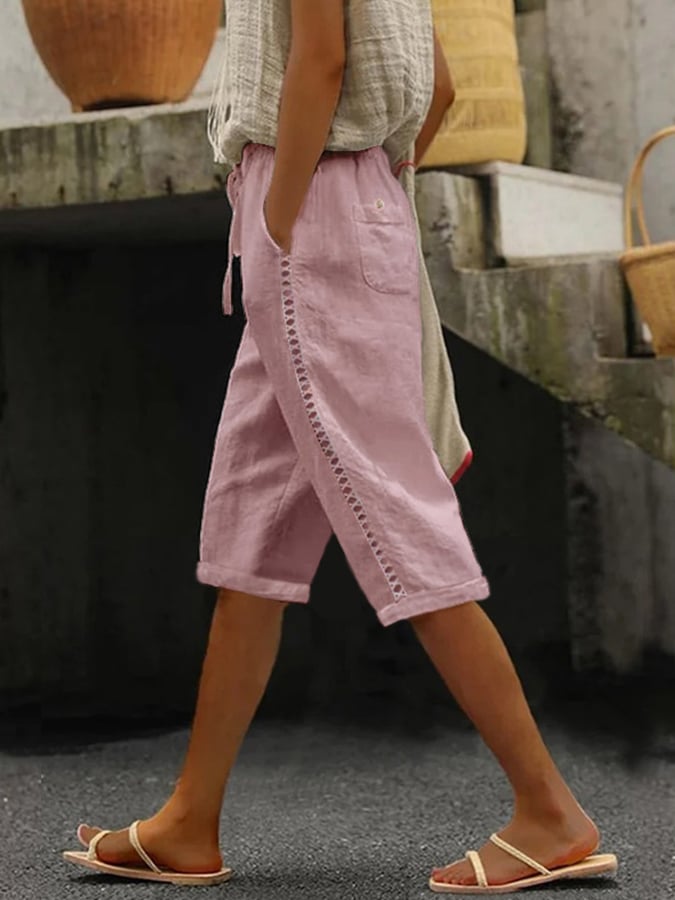 Cotton And Linen Side Lace Hollow Stitching Casual Five-Point Pants