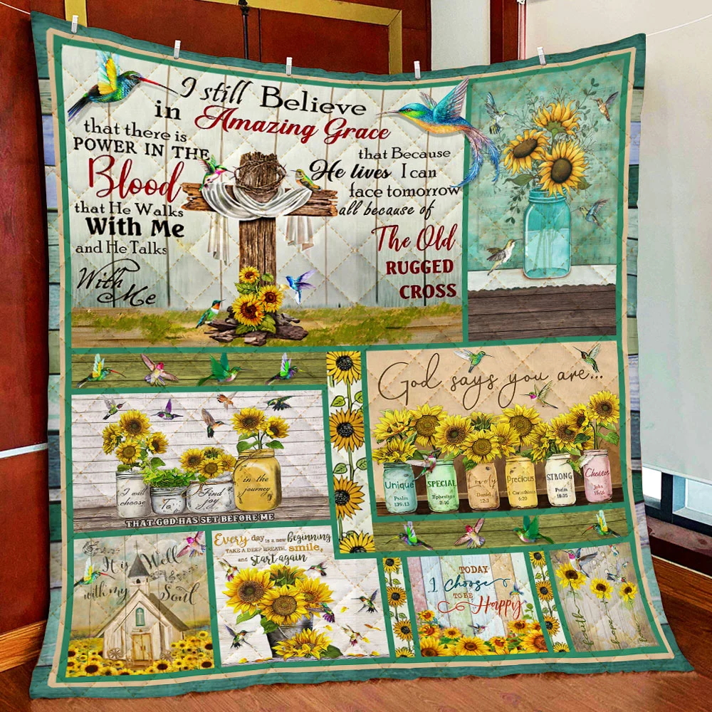 Jesus Christ. Hummingbirds Sunflower. I Still Believe In Amazing Grace Quilt Blanket