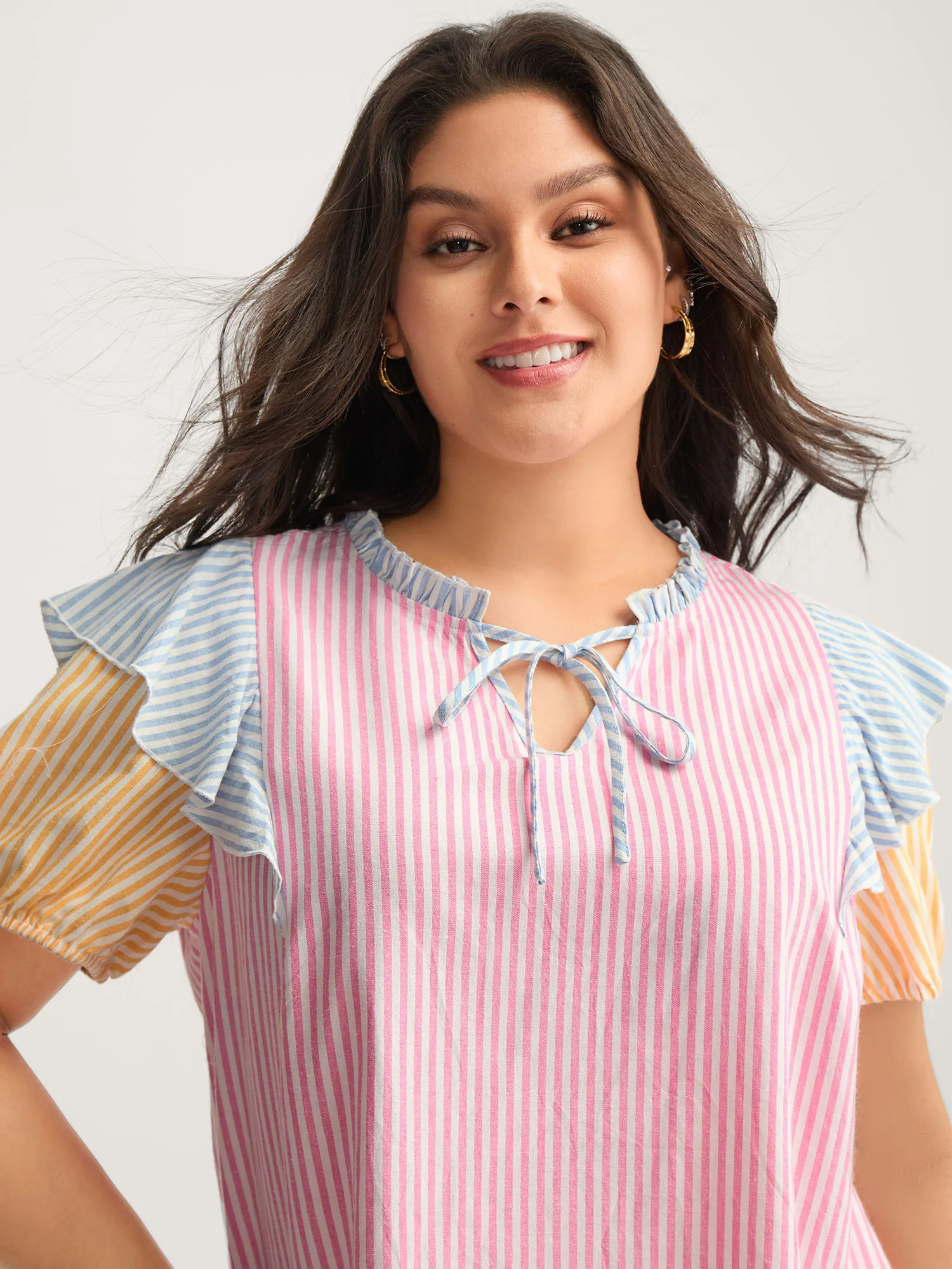 Cotton Colorful Stripes Ruffled Neck Tie Blouse