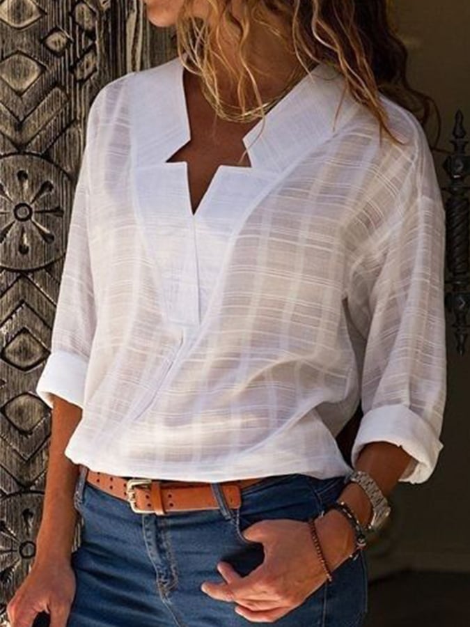 Women's Cotton Linen Fashion Simple Solid Color Casual V-Neck Long Sleeve Shirt