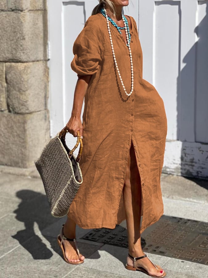 Women'S Cotton Linen Button Solid Dress