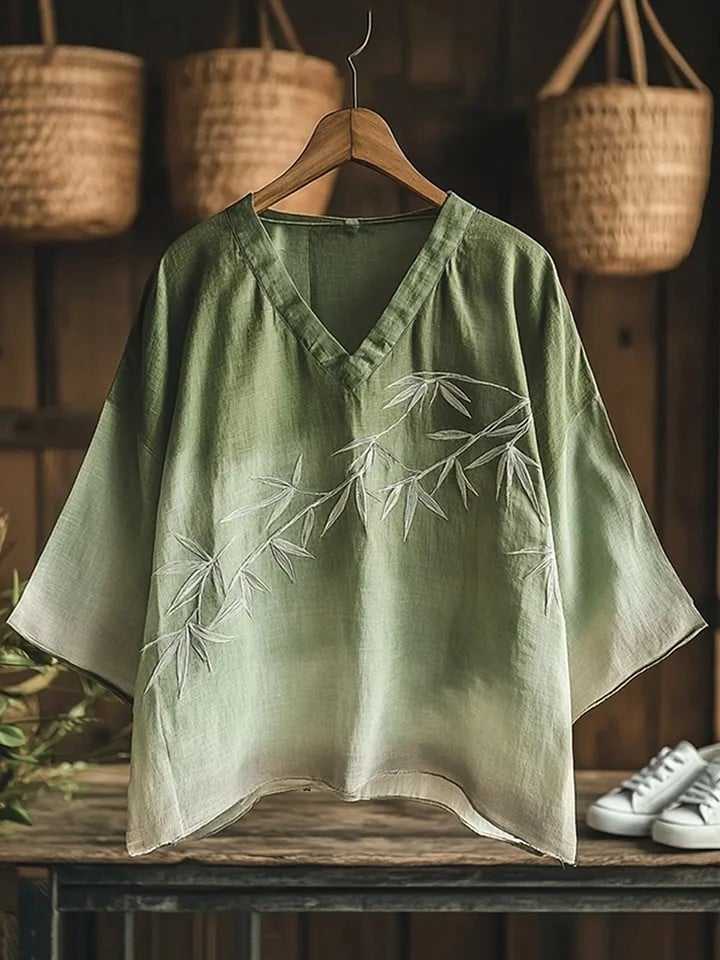 Women's Gradient Bamboo Japanese Art Linen Blend Cozy Tunic Top
