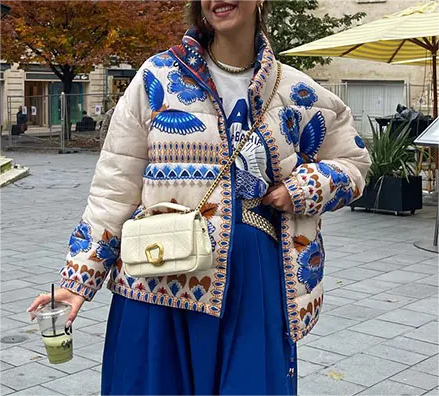 Women Clothing French Loose Collared Positioning Pattern Print Cotton- Padded Jacket Coat