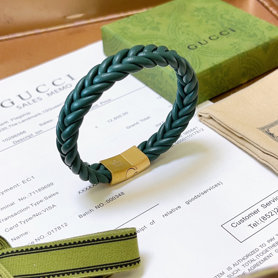 Gucci Green Leather Braided Bracelet