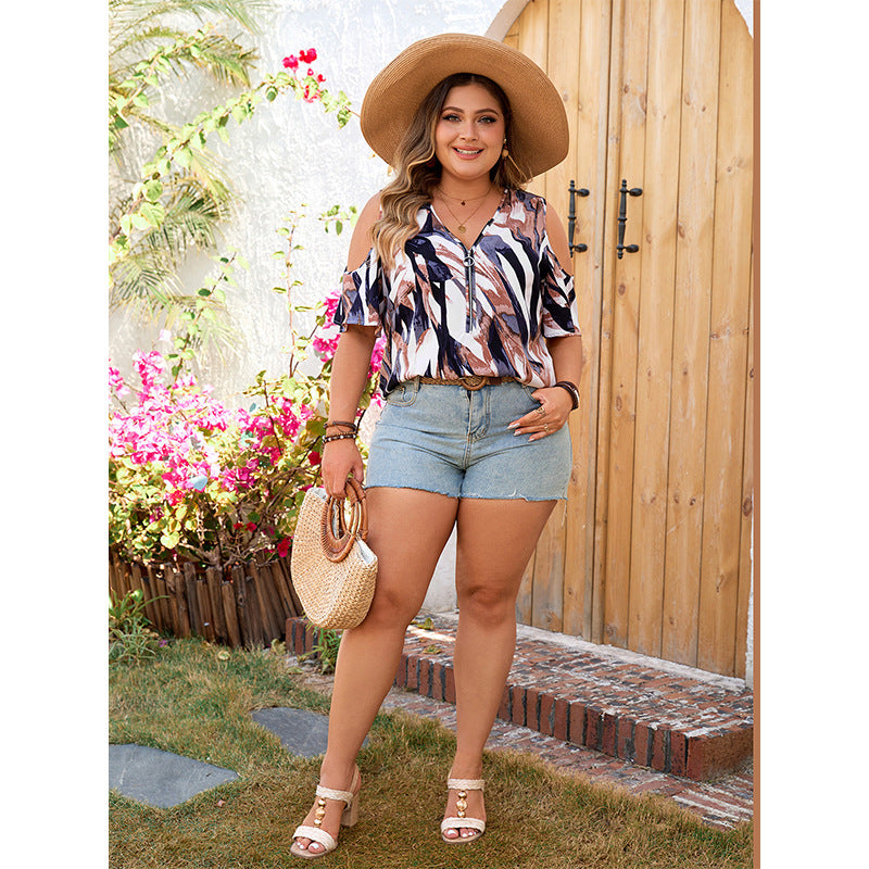 Plus Size Self Service R & D Real Shot V neck off Shoulder Casual Printed Shirt Slimming Shirt