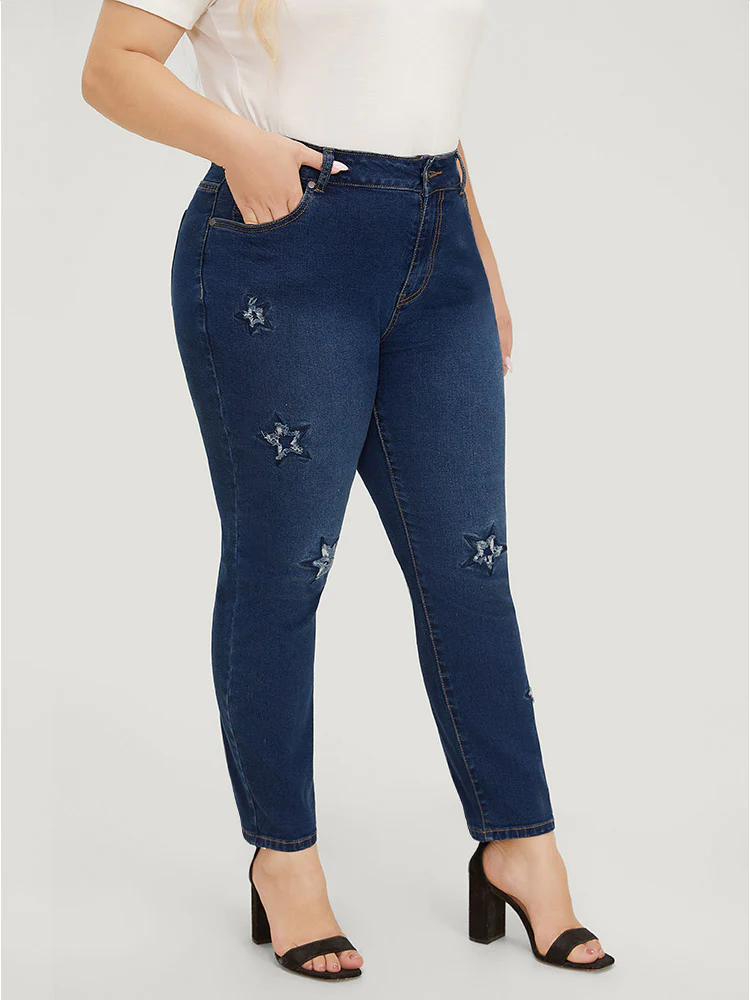 Very Stretchy High Rise Medium Wash Star Embroidery Jeans