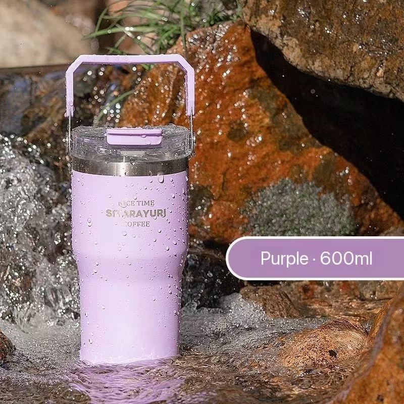 Portable stainless steel thermos flask, stylish design, convenient dual-drink straw water bottle, car water cup