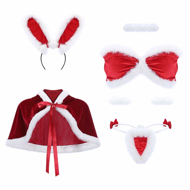 Sexy Fuzzy Ball Bikini Lingerie Set With Bunny Hooded Cloak