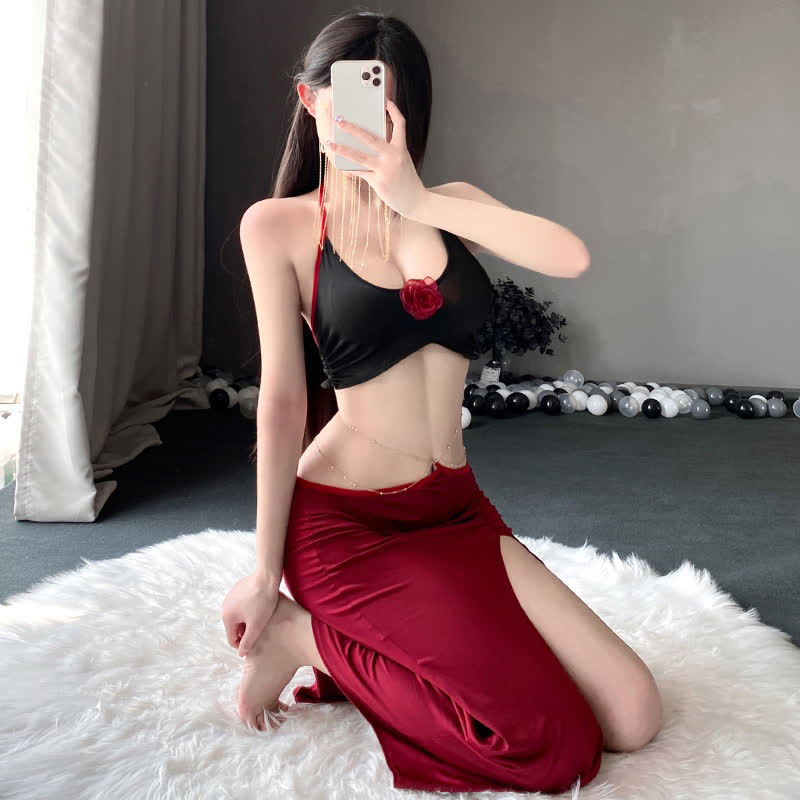 Han Costume Sexy Halter Lace Up Chain Split Lingerie Set