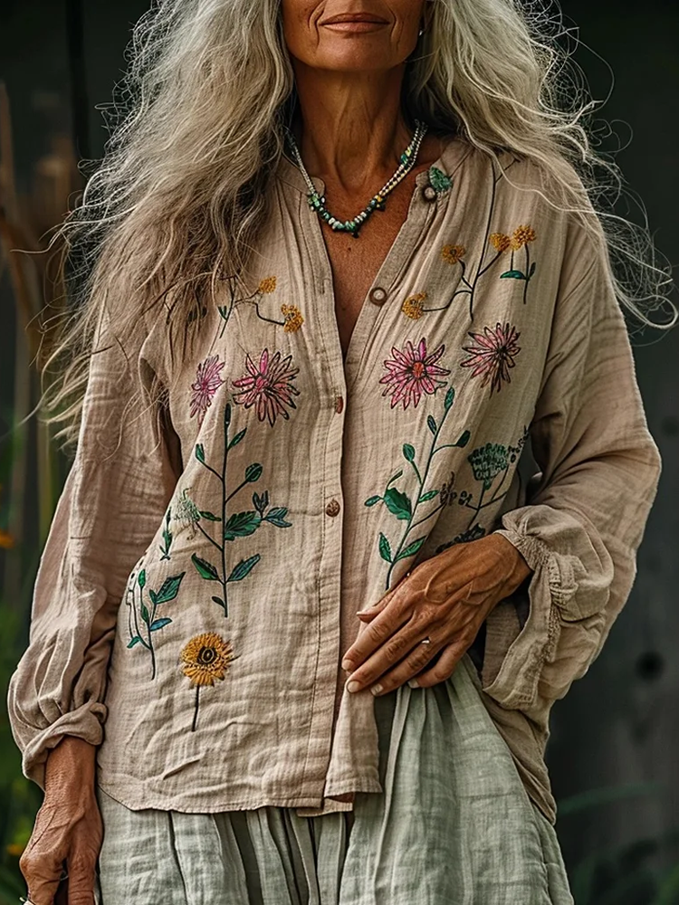 Bohemian Linen Floral Art Print Long Sleeve Loose  Shirt