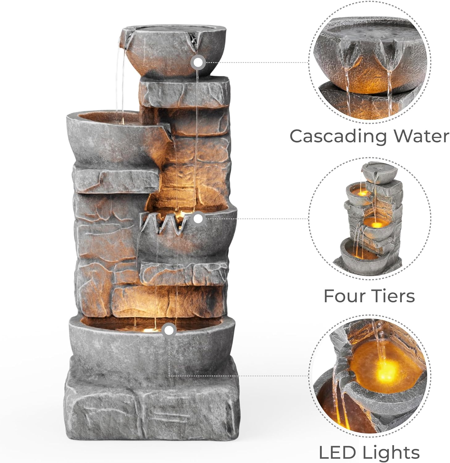 Teamson Home 33.25 inch Cascading Bowls and Stacked Stones LED Outdoor Water Fountain