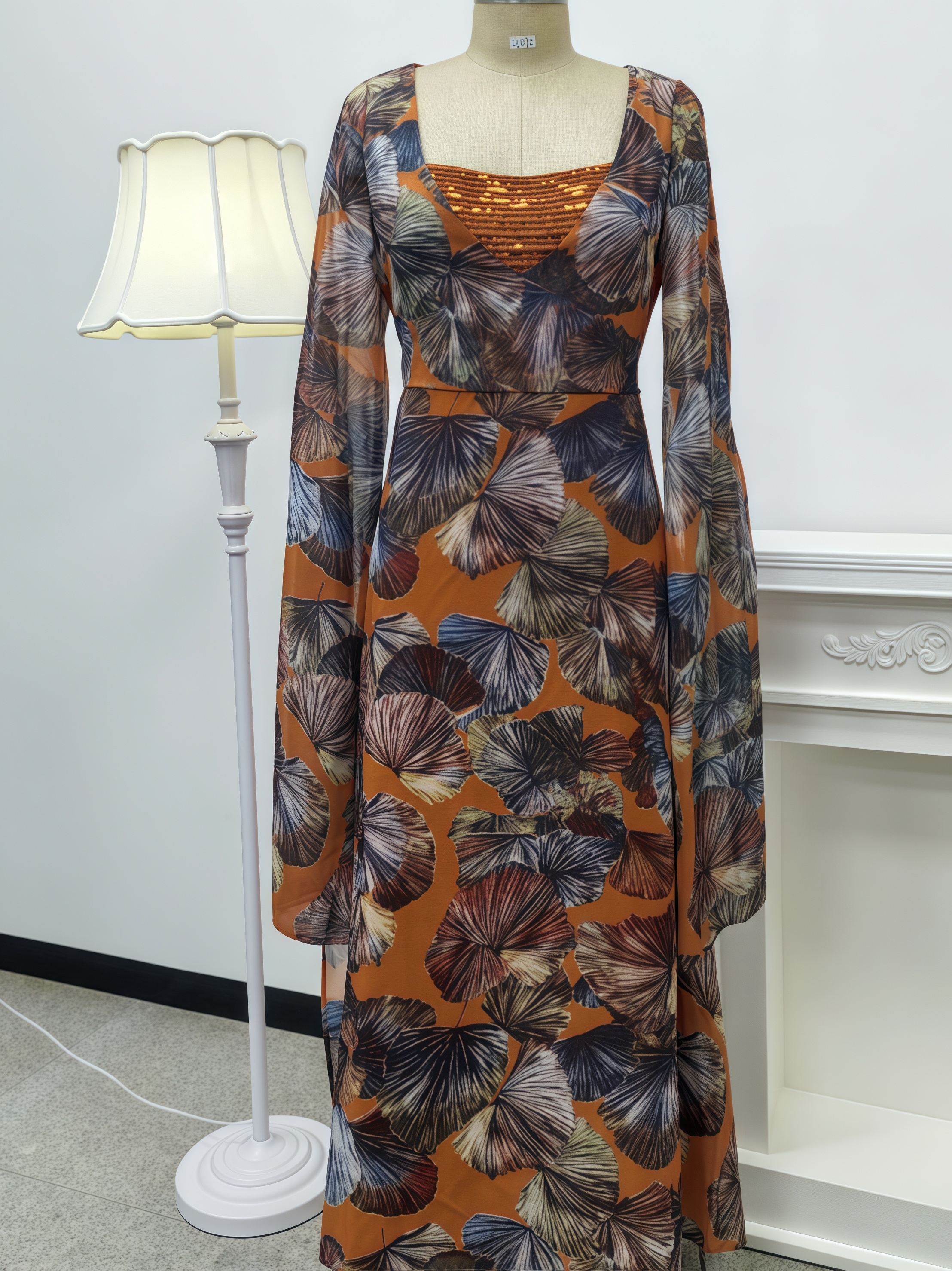 Gorgeous Print Chiffon Beaded Jalabiya Two-Piece Set with Belt