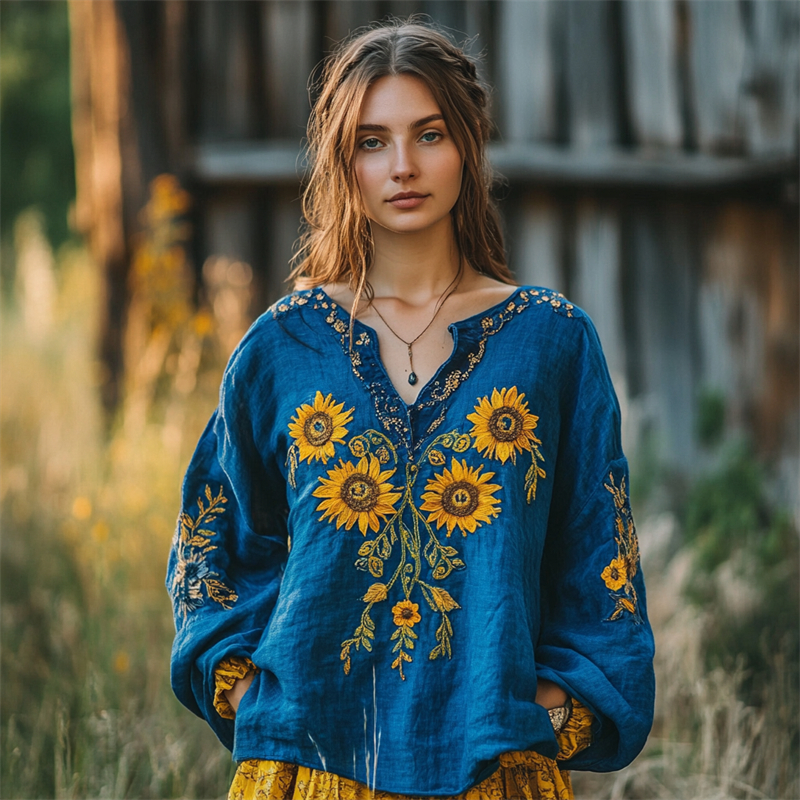 Vintage Sunflowers Ethnic Embroidered Linen Blend Tunic