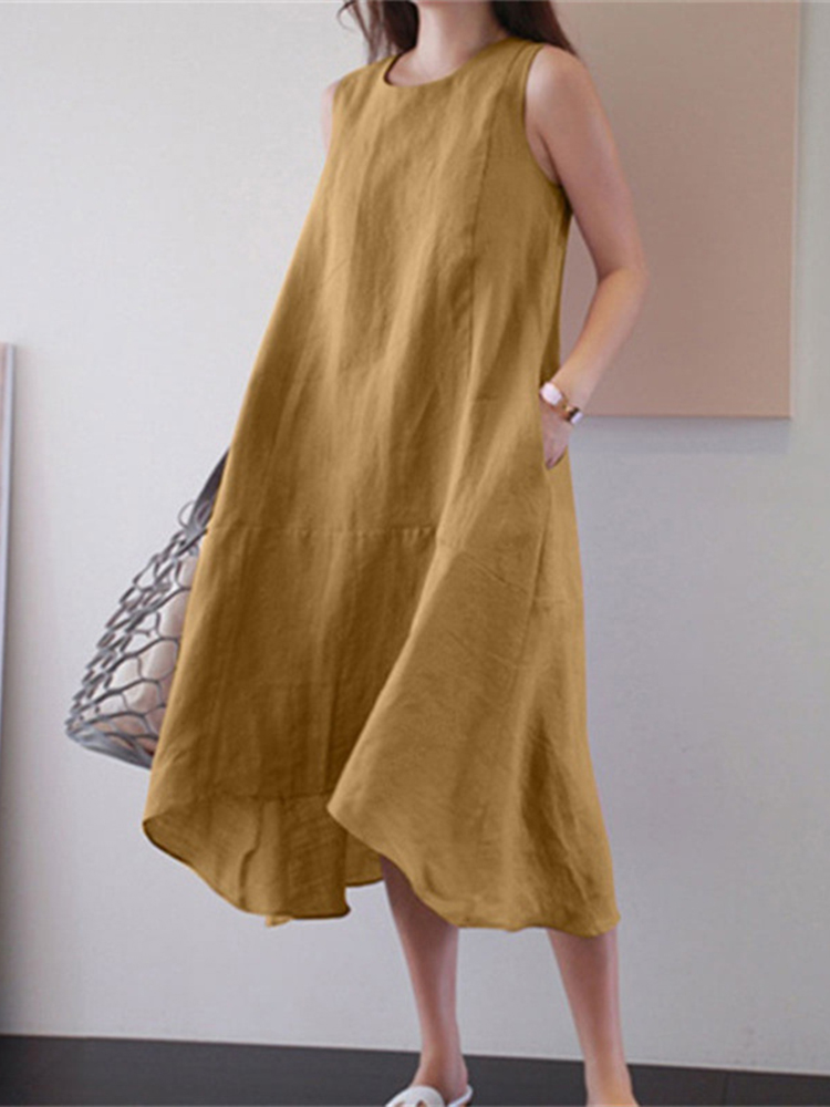 Solid Color Round Neck Tank Midi Dress