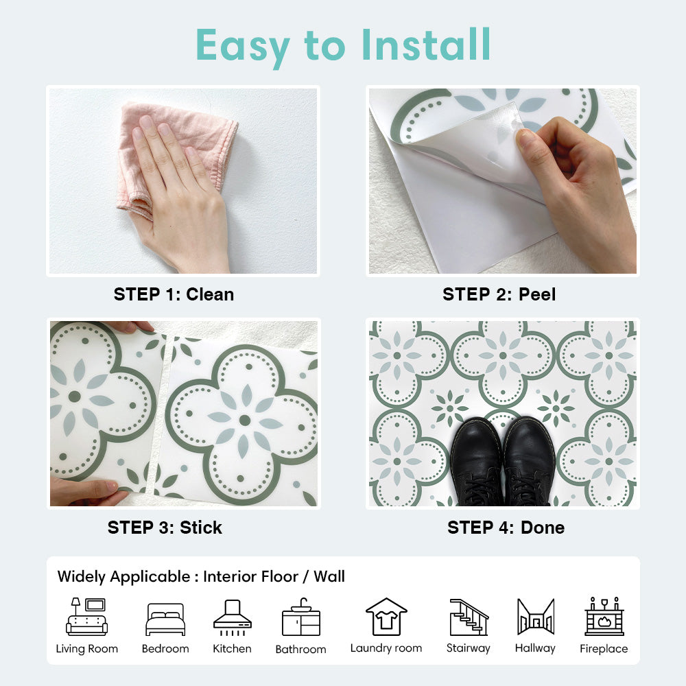 Light Green Flower Peel and Stick Vinyl Floor Tile Sticker