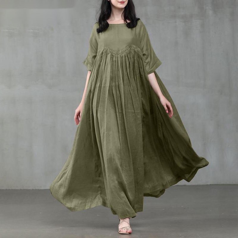 Solid Color Patchwork Half Sleeves Linen Casual Maxi Dress