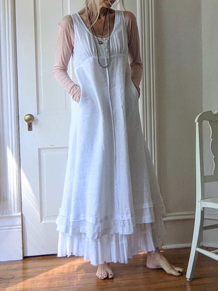 Solid Color Comfortable Casual Design Patchwork Sleeveless Midi Dress