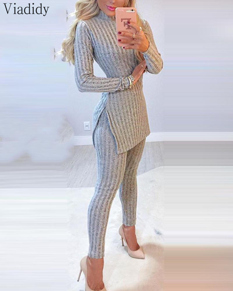 Women's 2-Piece Winter Suit with Long Sleeve Ribbed Slit Top and High Waist Knitted Pencil Pants