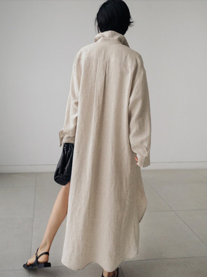 Women's Solid Color Single-Breasted Mid-Length Loose Cotton And Linen Casual Dress