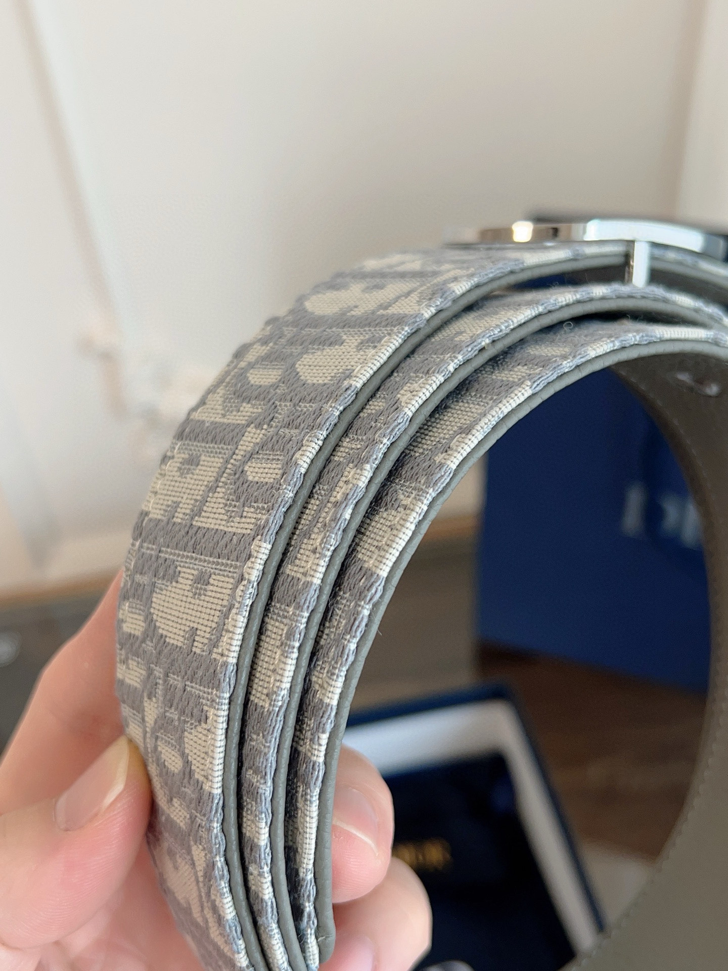 Dior Oblique Grey Cloth Grey Cowhide Leather Strap 3.5cm Wide