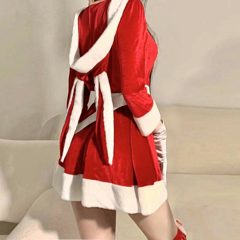 Bunny Ears Bow Knot V-neck Hooded Dress With Belt