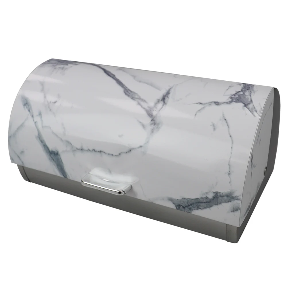 Home Basics Marble Like Roll Top Lid Steel Bread Box, White, 15.5x11.25x7.5 Inches