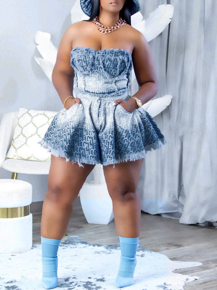 Strapless Zipper Denim Set