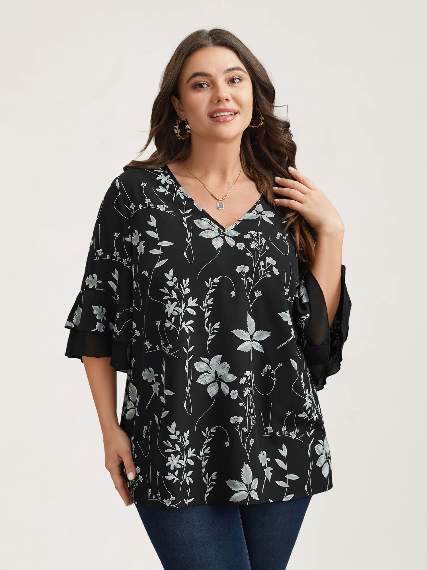 Floral Print Ruffled V-Neck Shirt