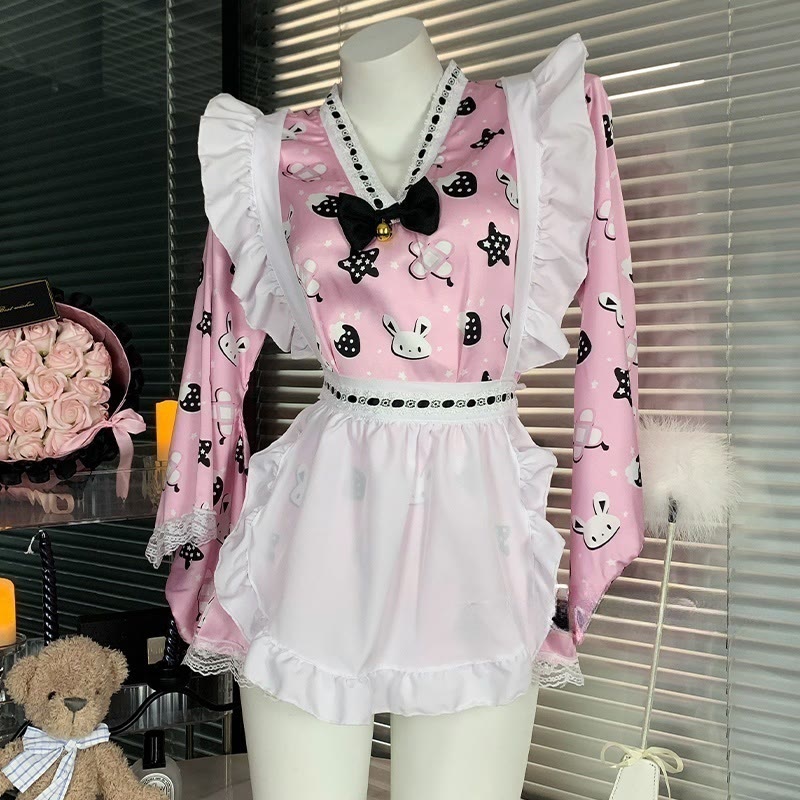 Maid Lace Bow Bunny Print Kimono Lingerie Dress