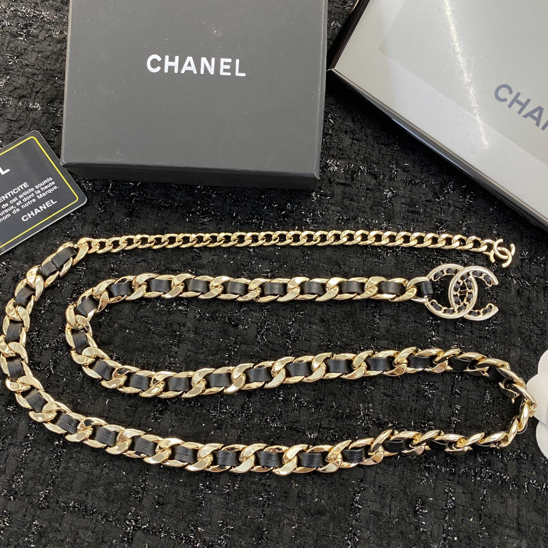 Chanel black leather gold waist chain