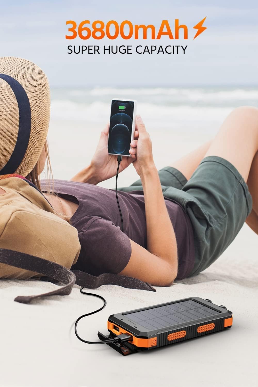 Power-Bank-Portable-Charger-Solar - 36800mAh Waterproof Portable External Backup Battery Charger Built-in Dual QC 3.0 5V3.1A Fast USB and Flashlight for All Phone and Electronic Devices (Deep Orange)