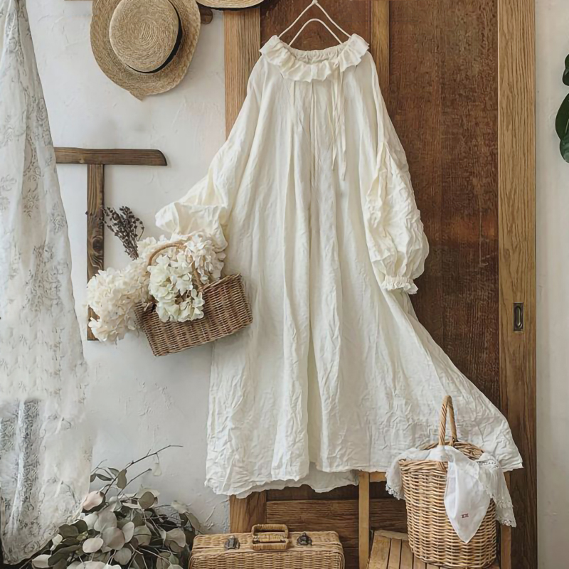 Vintage Ruffled Balloon Sleeve Cotton Linen Midi Dresses