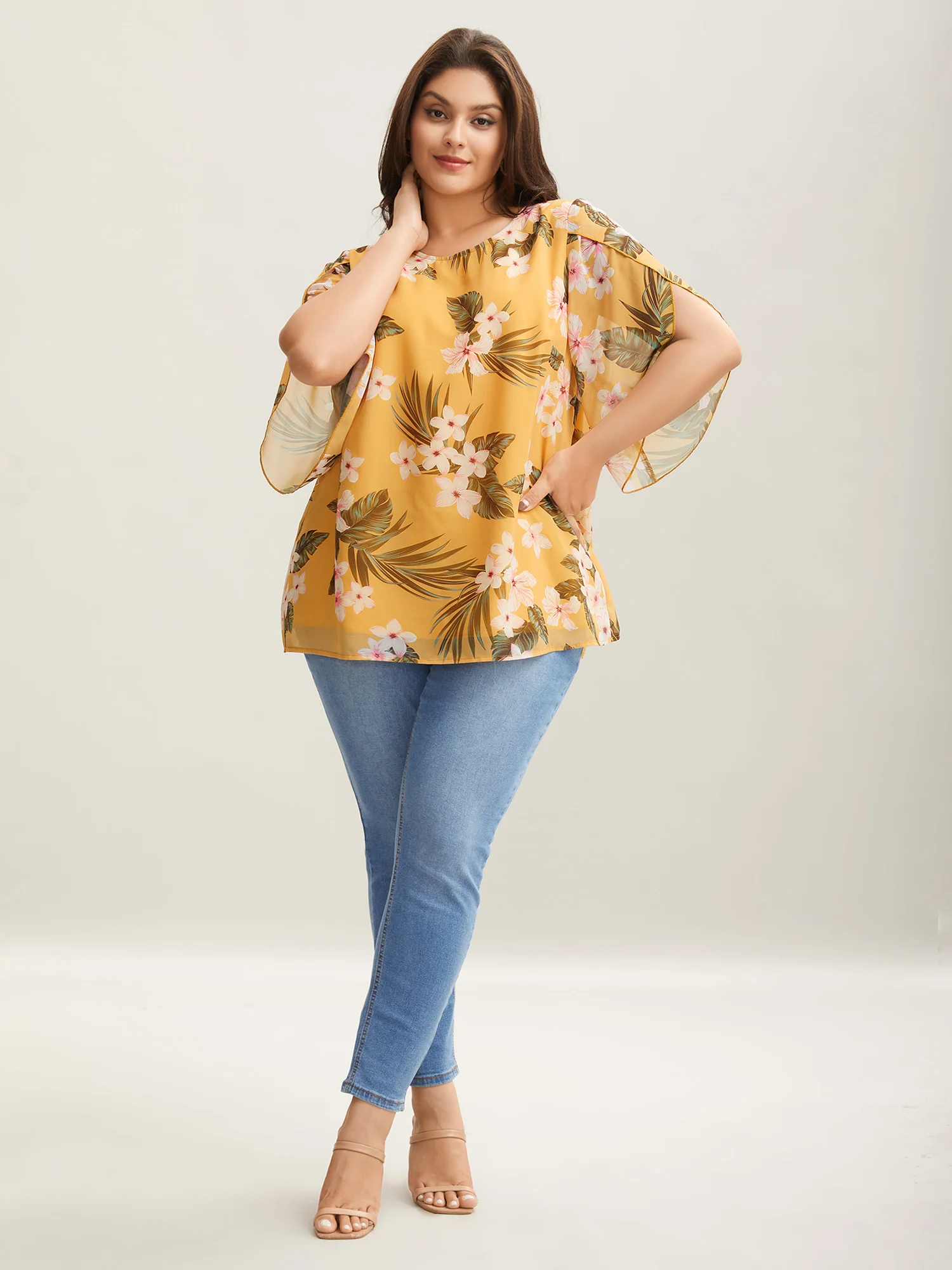 Petal Sleeve Floral Round Neck Shirt