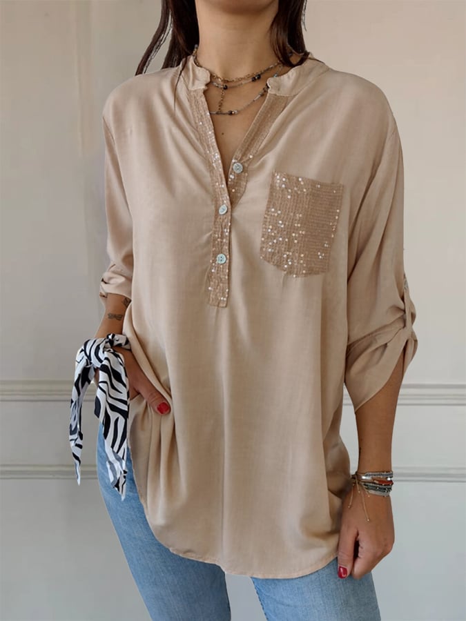 Women's Casual Loose Cotton And Linen Stitching Sequined Long-Sleeved Shirt