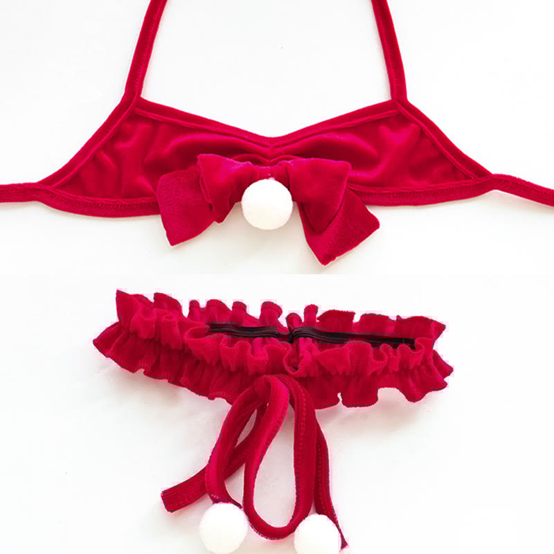 Fuzzy Ball Bow Bikini Lingerie Set