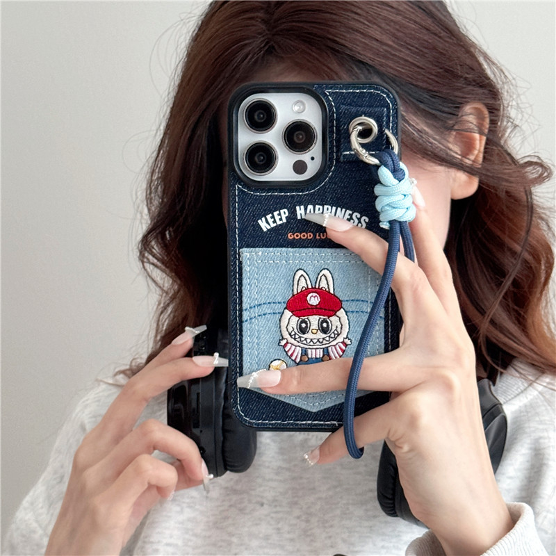 Labubu denim embroidery 3D pocket card slot phone case for iphone