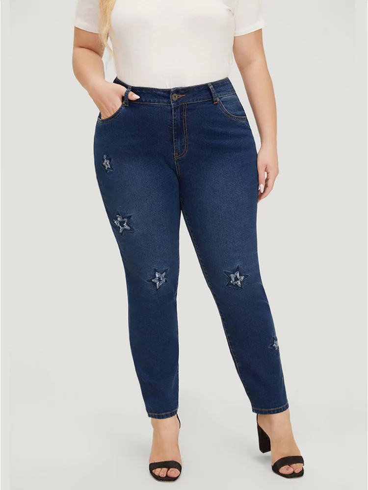 Very Stretchy High Rise Medium Wash Star Embroidery Jeans