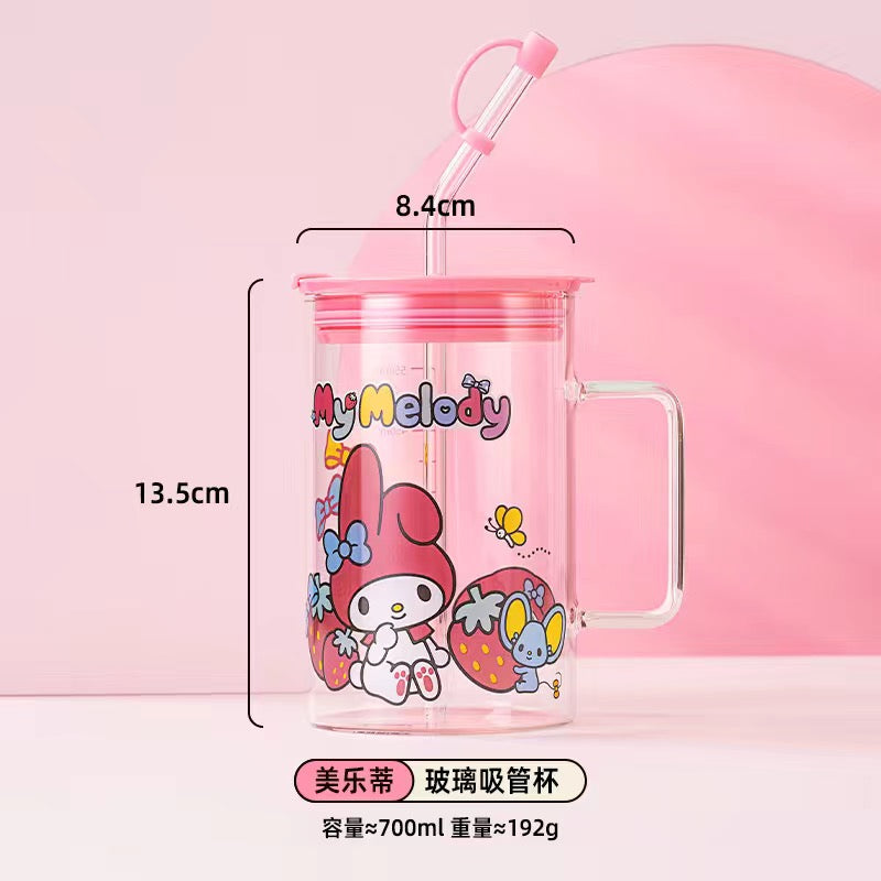 Sanrio Glass Mugs with Straws and Lids 23oz Drinking Glass Cups for Iced Coffee, Smoothie, Overnight Oats Containers