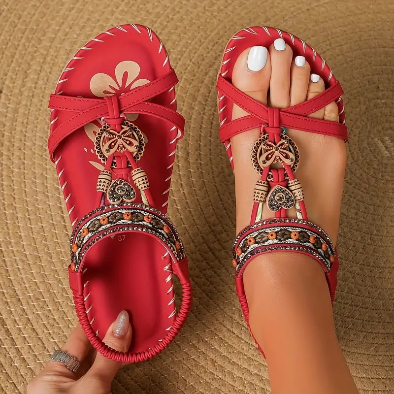 👣Women's rhinestone butterfly flat sandals, bohemian style open toe elastic summer sandals