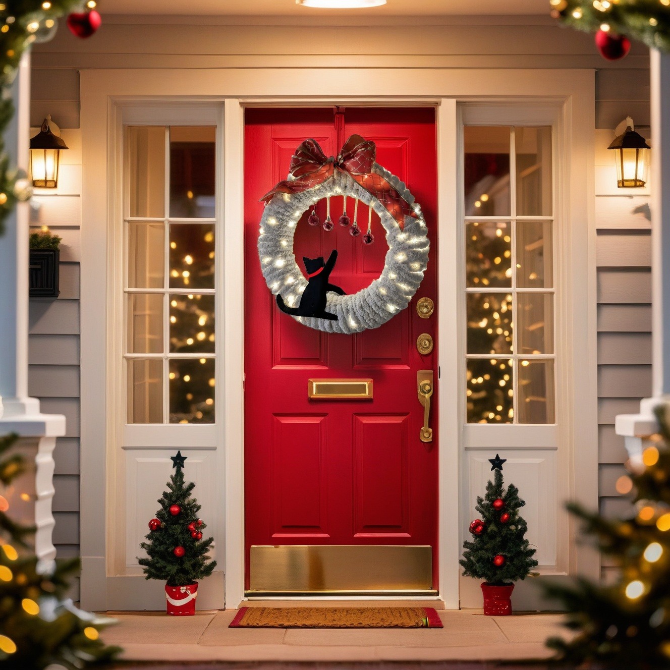 🔥LAST DAY 50% OFF🔥Cats winter Christmas front door wreath With Light