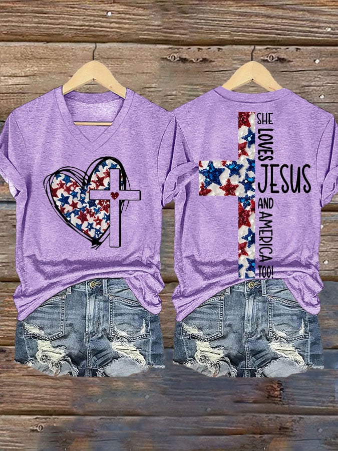 Women's She Jesus And Love America Too!  Print V-Neck T-Shirt