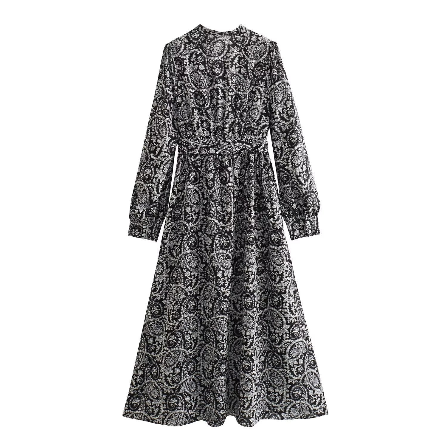 Women's French-Style Floral Print Dress, Waist-Controlled and Slimming with Long Sleeves