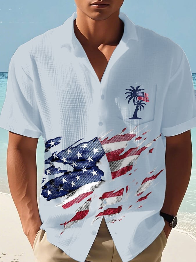 Men's Casual Flag Independence Day Coconut Tree Print Waffle Men's Shirt